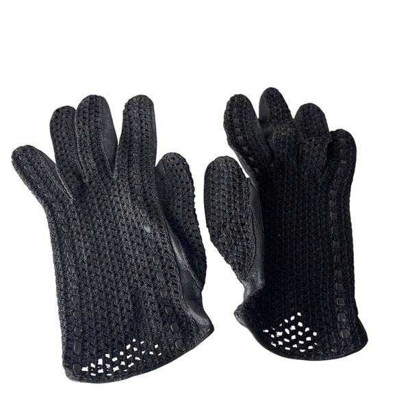 Vintage 80s Black Leather Crochet Driving Gloves Small Lightweight Open Knit - Picture 3 of 16